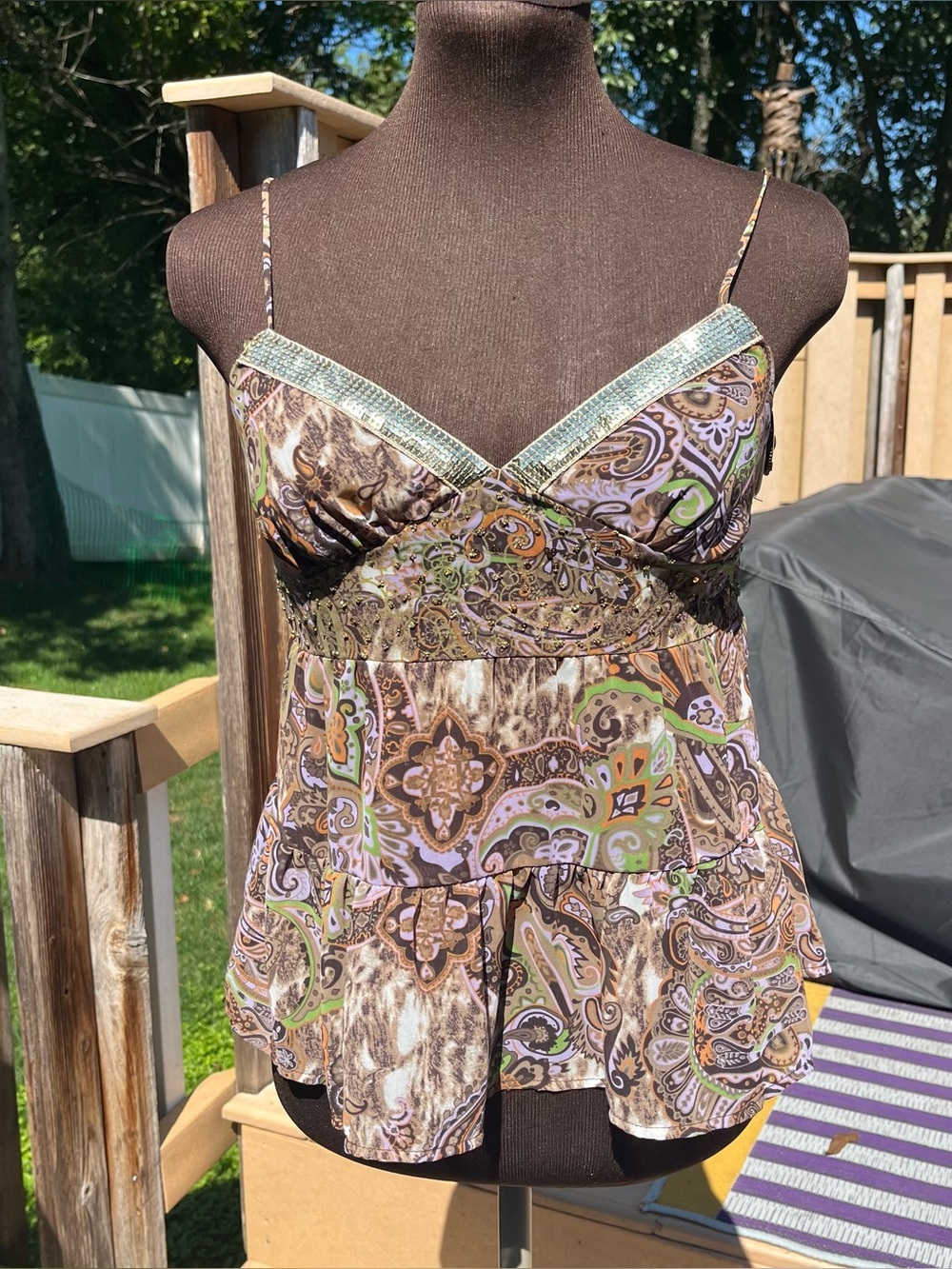Candie’s Y2K Paisley Ruffle Babydoll Embellished Camisole Top Size M Glam Boho